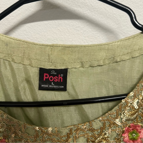 Sage Green and Gold Three-Piece Salwar Kameez | Floral Embroidered  Size Large - Picture 6 of 11